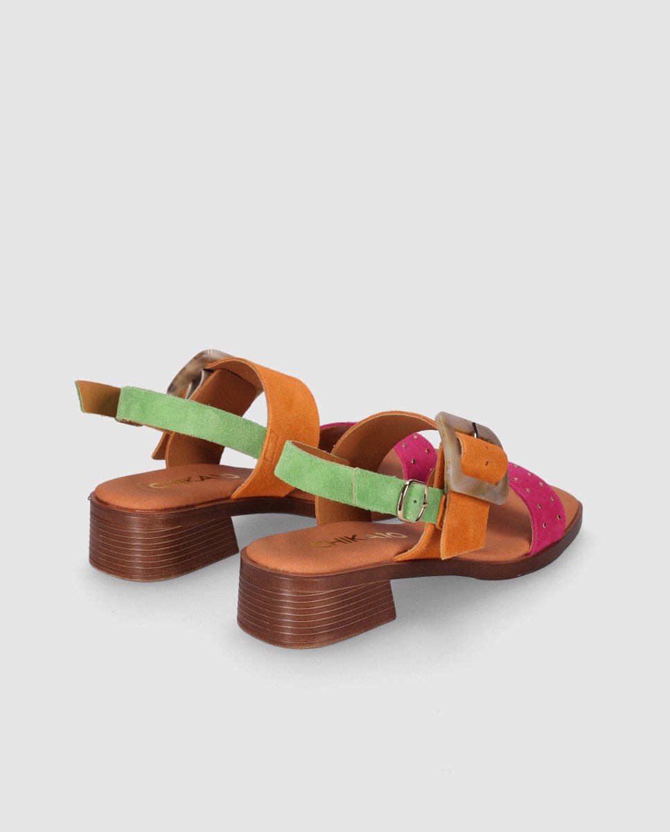 Sandalia de tacón de mujer en piel con hebilla decorativa y plantilla acolchada - Chika10 - Verde Verde-3
