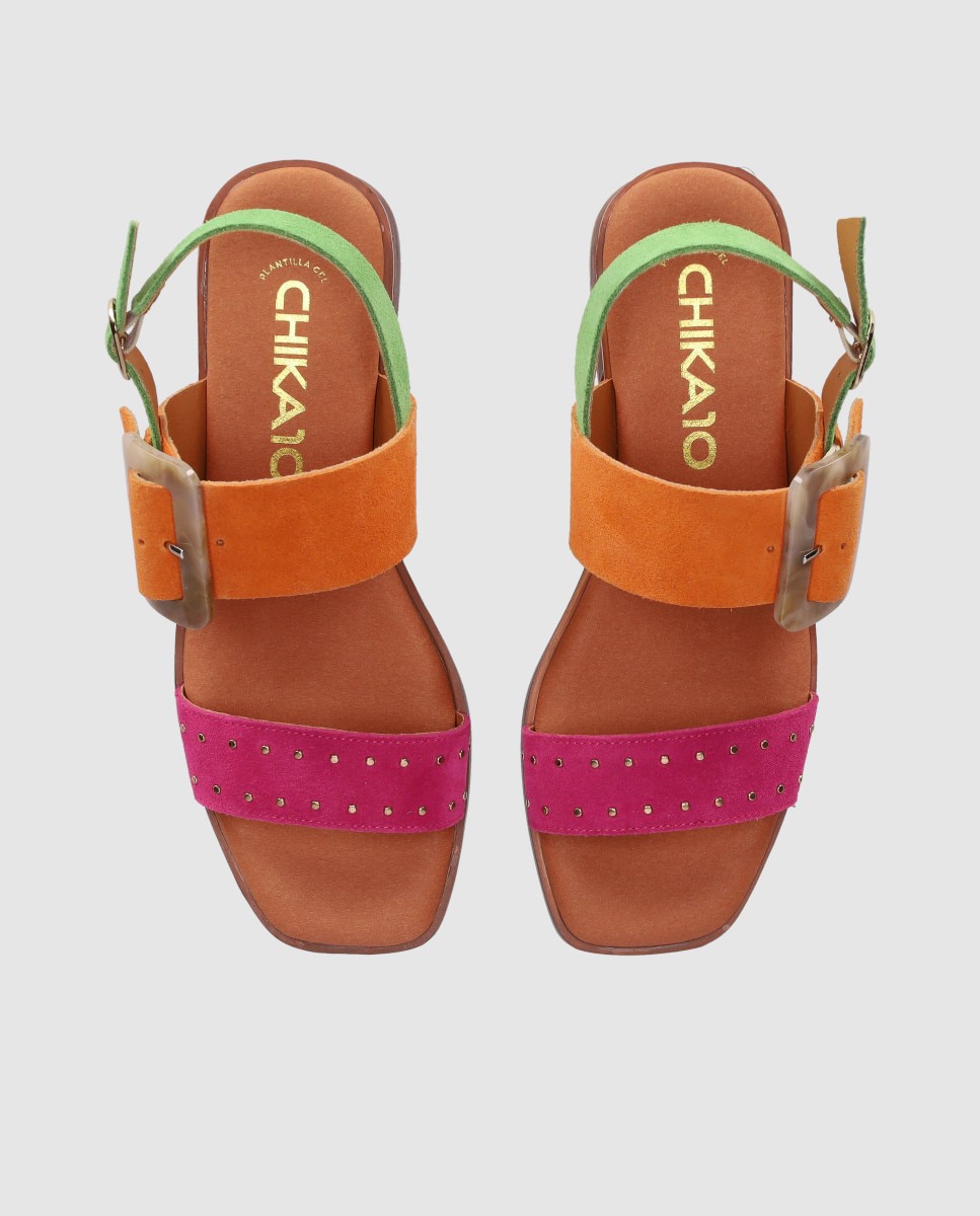 Sandalia de tacón de mujer en piel con hebilla decorativa y plantilla acolchada - Chika10 - Verde Verde-4