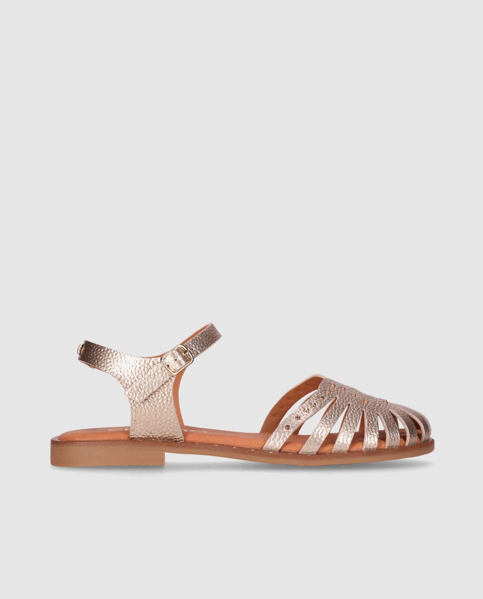 Sandalia plana de mujer en piel con tiras troqueladas estilo cangrejera y pulsera - Chika10 - Cromo / Oro Cromo / Oro-1