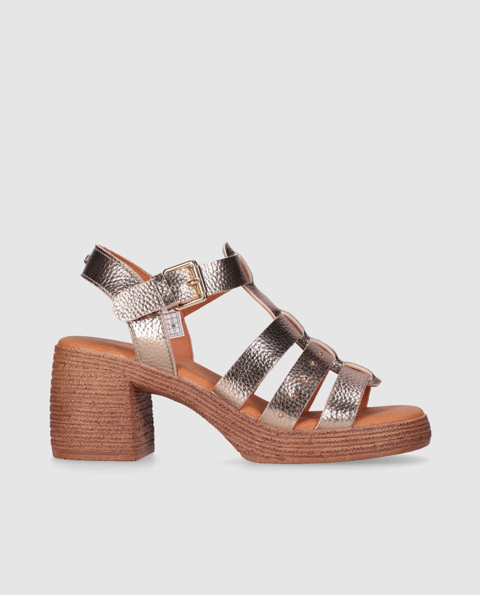 Sandalias de tacón medio de mujer con diseño simétrico en el empeine y cierre de hebilla - Chika10 - Oro Oro-1