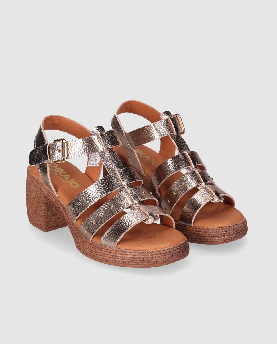 Sandalias de tacón medio de mujer con diseño simétrico en el empeine y cierre de hebilla - Chika10 - Oro Oro-3
