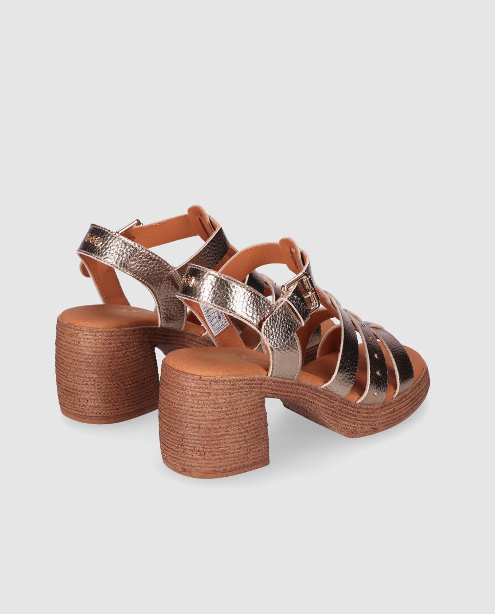 Sandalias de tacón medio de mujer con diseño simétrico en el empeine y cierre de hebilla - Chika10 - Oro Oro-2