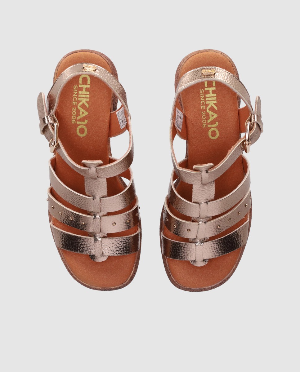Sandalias de tacón medio de mujer con diseño simétrico en el empeine y cierre de hebilla - Chika10 - Oro Oro-4