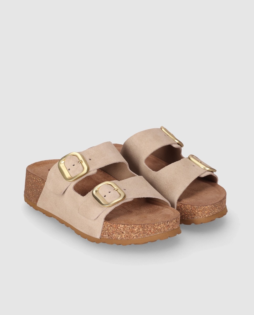 Sandalias planas de mujer en piel, tipo bio de doble correa con maxi hebilla - Chika10 - Beige Beige-4