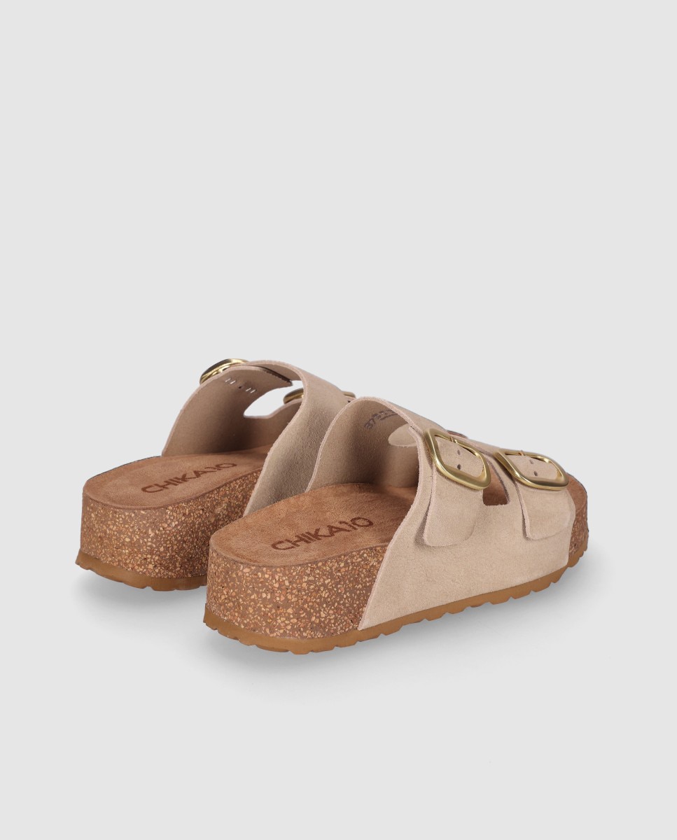Sandalias planas de mujer en piel, tipo bio de doble correa con maxi hebilla - Chika10 - Beige Beige-3