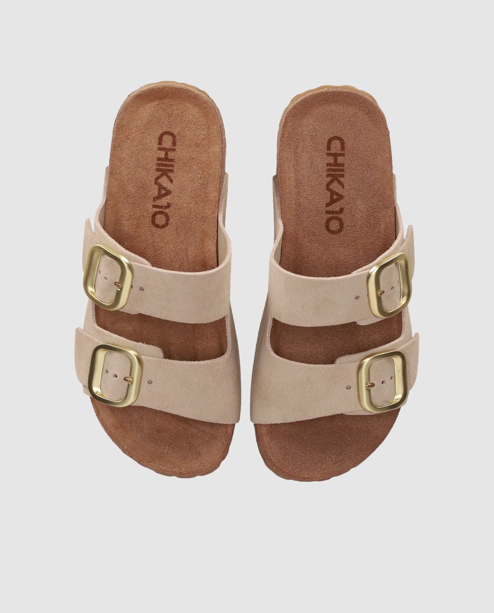 Sandalias planas de mujer en piel, tipo bio de doble correa con maxi hebilla - Chika10 - Beige Beige-5