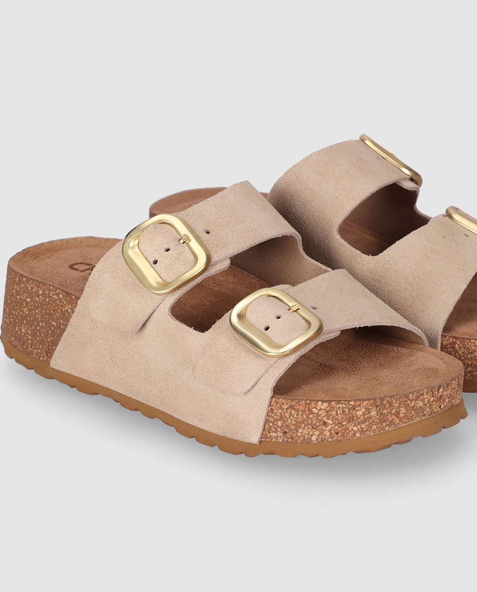 Sandalias planas de mujer en piel, tipo bio de doble correa con maxi hebilla - Chika10 - Beige Beige-2