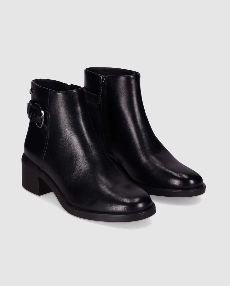 Botines básicos de mujer de tacón bloque con hebilla decorativa y puntera redonda - Chika10 - Negro Negro-3