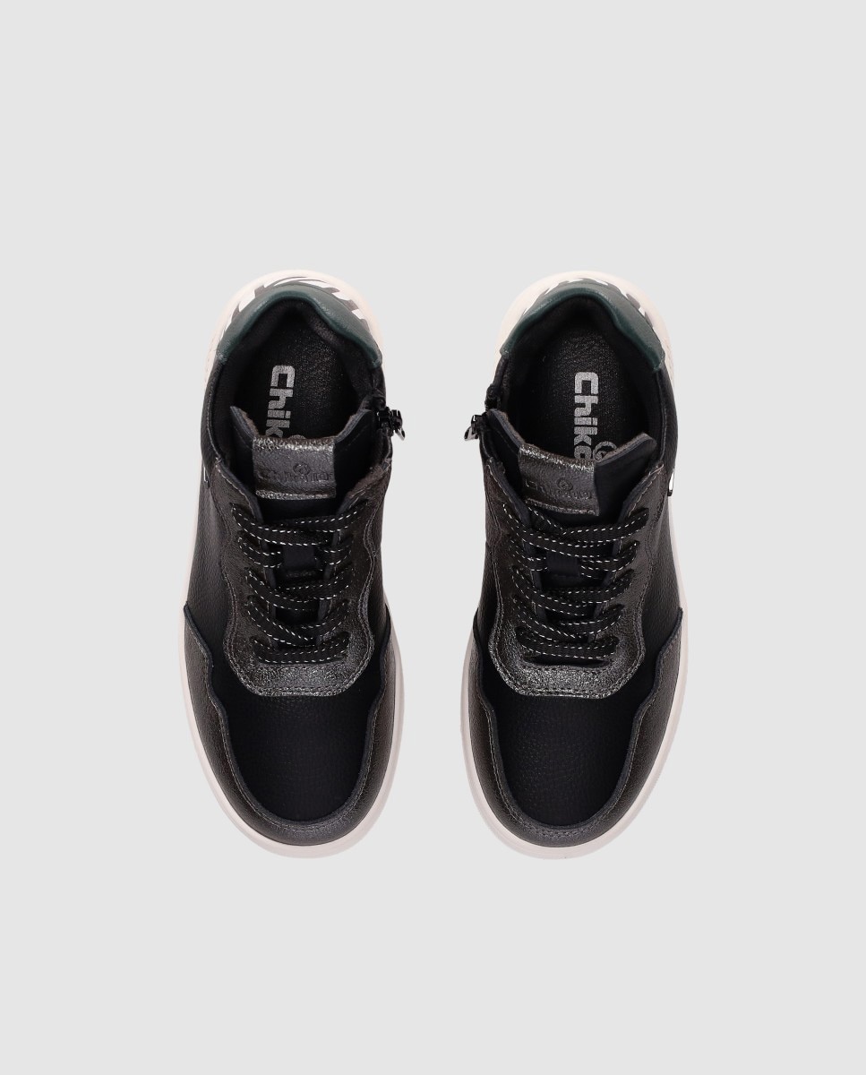 Zapatilla de cordones de piel con cordones y detalles de animalprint - Chika10 Kids - Negro Negro-4