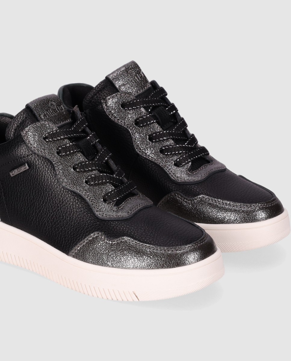Zapatilla de cordones de piel con cordones y detalles de animalprint - Chika10 Kids - Negro Negro-5