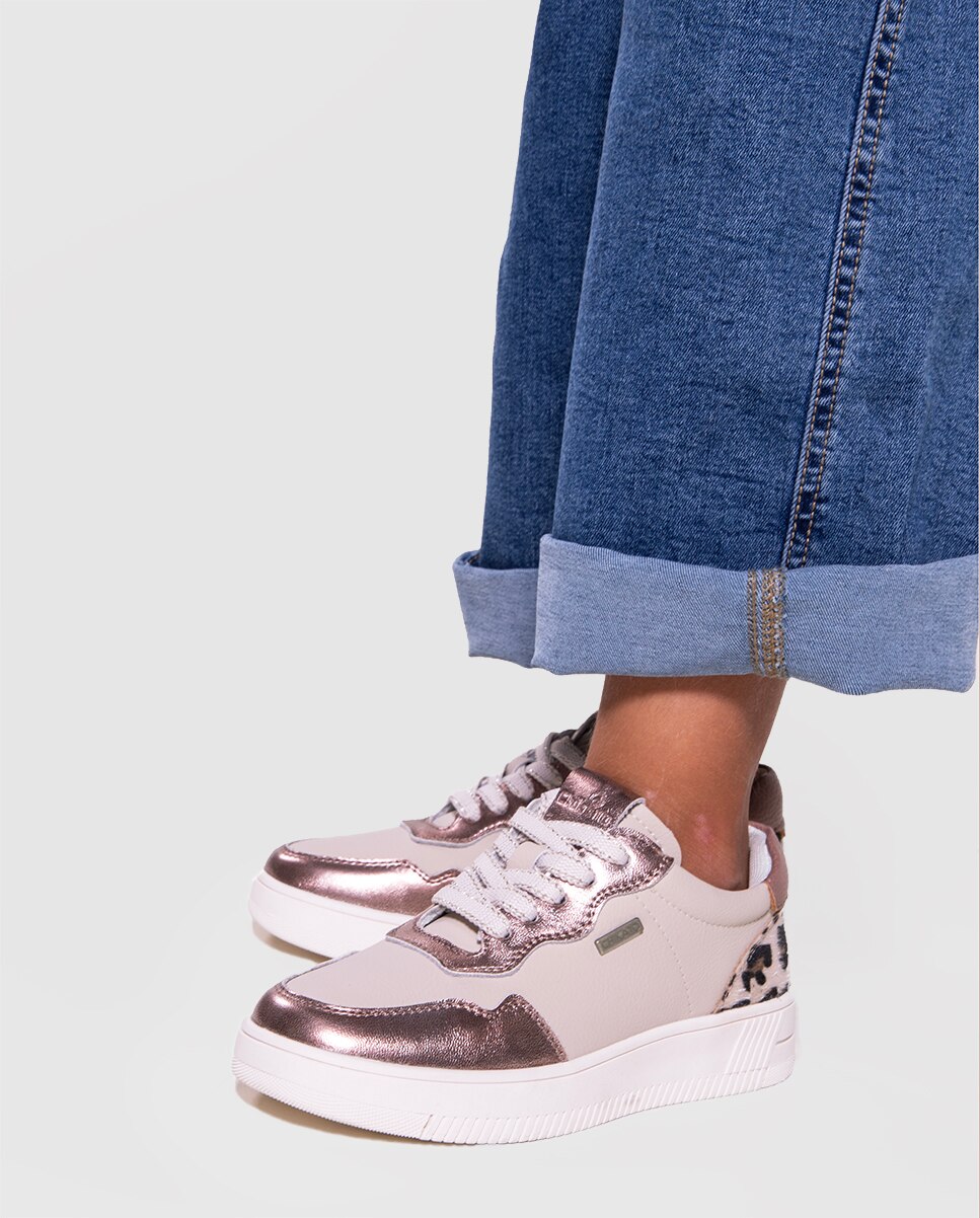 Zapatilla de cordones de piel con cordones y detalles de animalprint - Chika10 Kids - Beige Beige-6