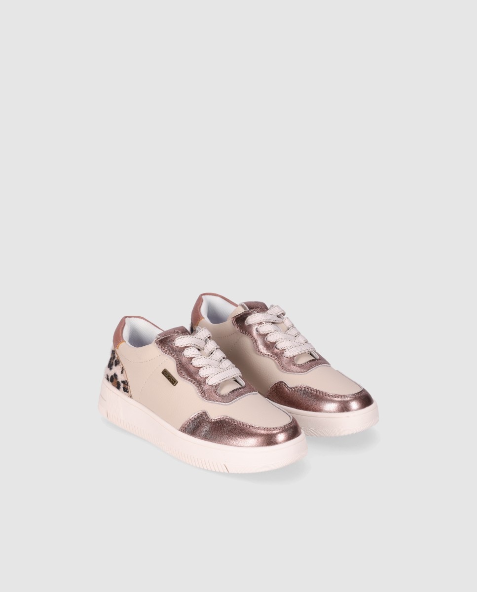 Zapatilla de cordones de piel con cordones y detalles de animalprint - Chika10 - Beige Beige-2