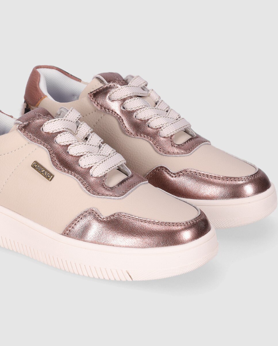 Zapatilla de cordones de piel con cordones y detalles de animalprint - Chika10 - Beige Beige-5
