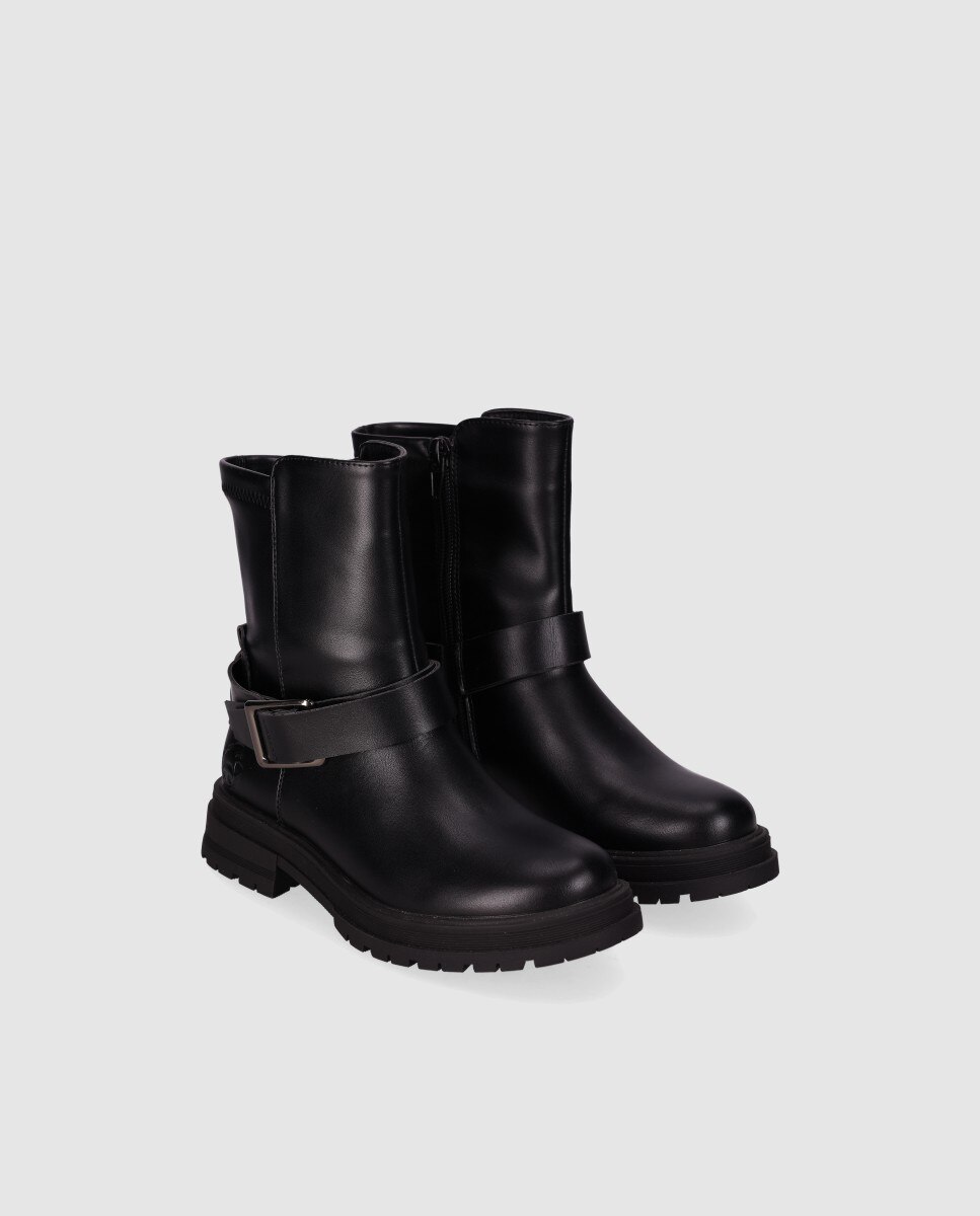 Botín de niña de piel vegana con hebilla decorativa y caña rugosa - Chika10 Kids - Negro Negro-2