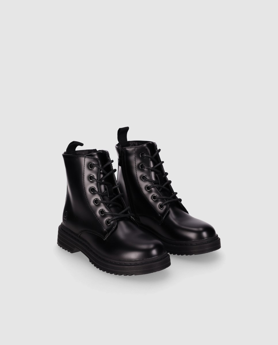 Botín estilo militar para niños de piel vegana con cordones y cremallera lateral - Chika10 Kids - Negro Negro-2