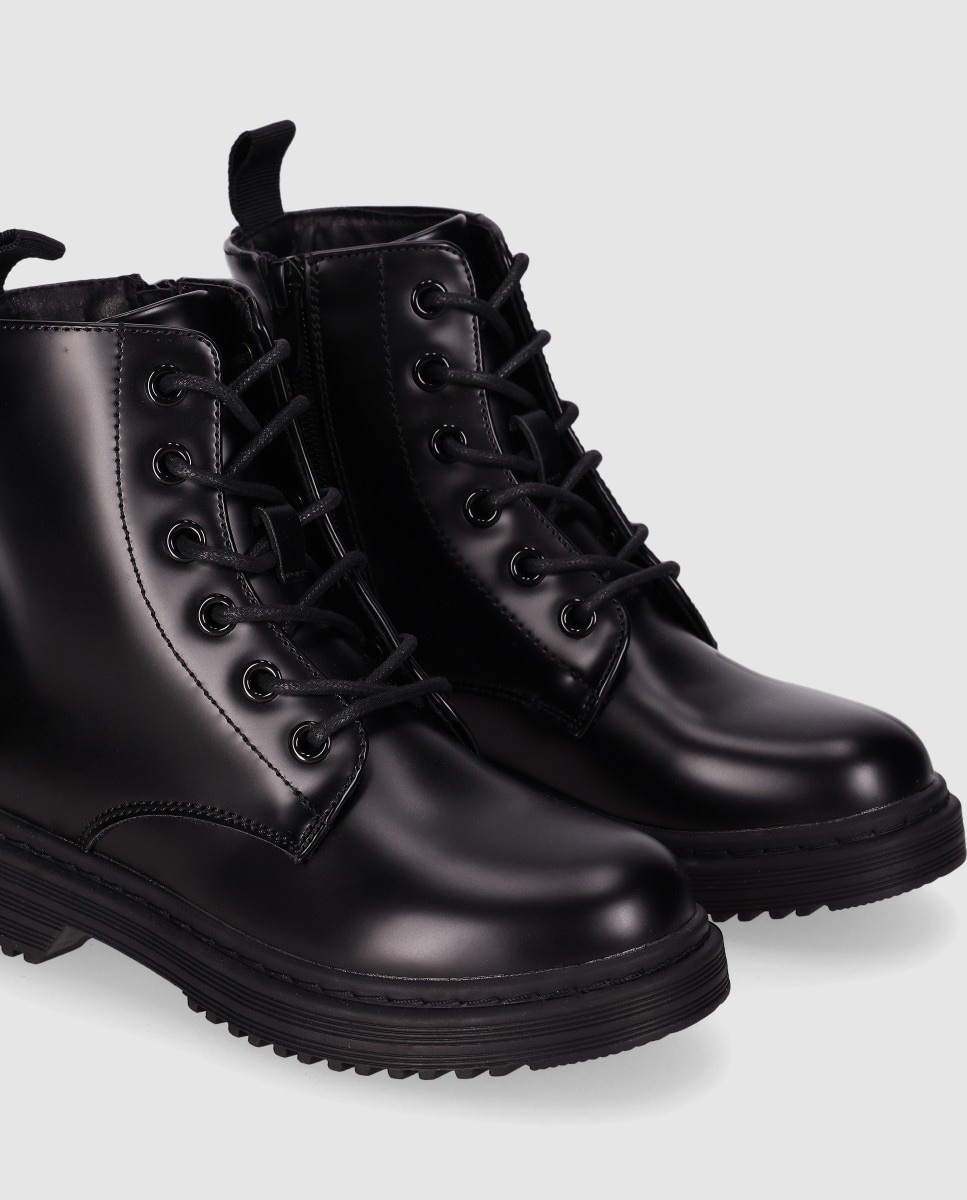Botín estilo militar para niños de piel vegana con cordones y cremallera lateral - Chika10 Kids - Negro Negro-5