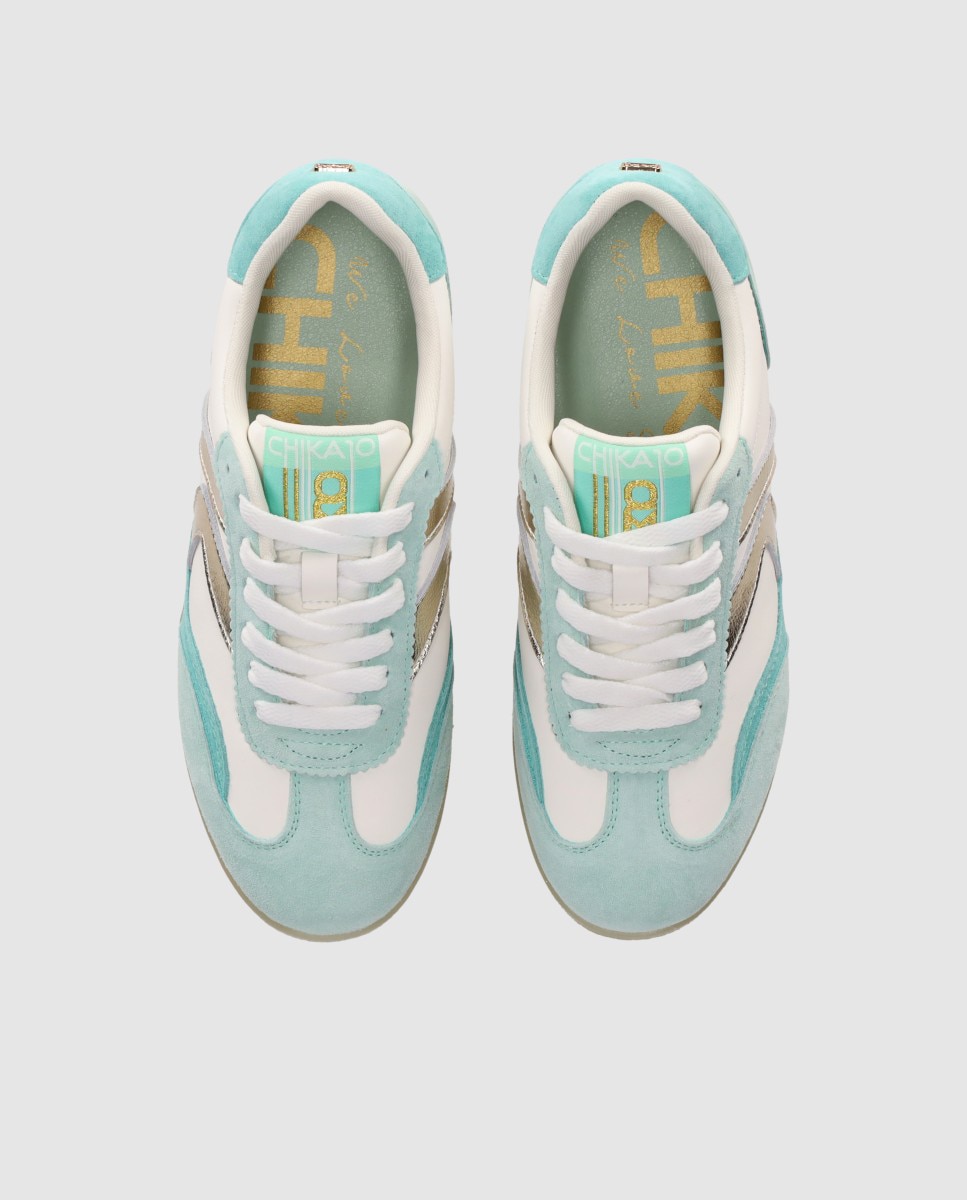 Zapatillas básicas de mujer diseñadas en piel con cierre de cordones y puntera redonda - Chika10 - Blanco / Verde Blanco / Verde-4