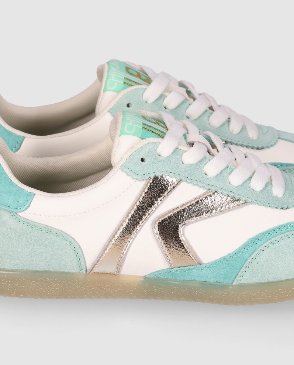 Zapatillas básicas de mujer diseñadas en piel con cierre de cordones y puntera redonda - Chika10 - Blanco / Verde Blanco / Verde-5