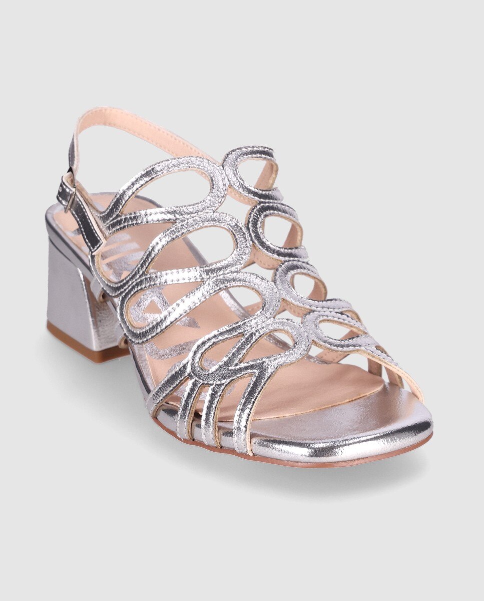 Sandalias de tacón ancho de mujer con diseño sofisticado de tiras curvas enlazadas y cierre de hebilla - Chika10 - Plata Plata-3