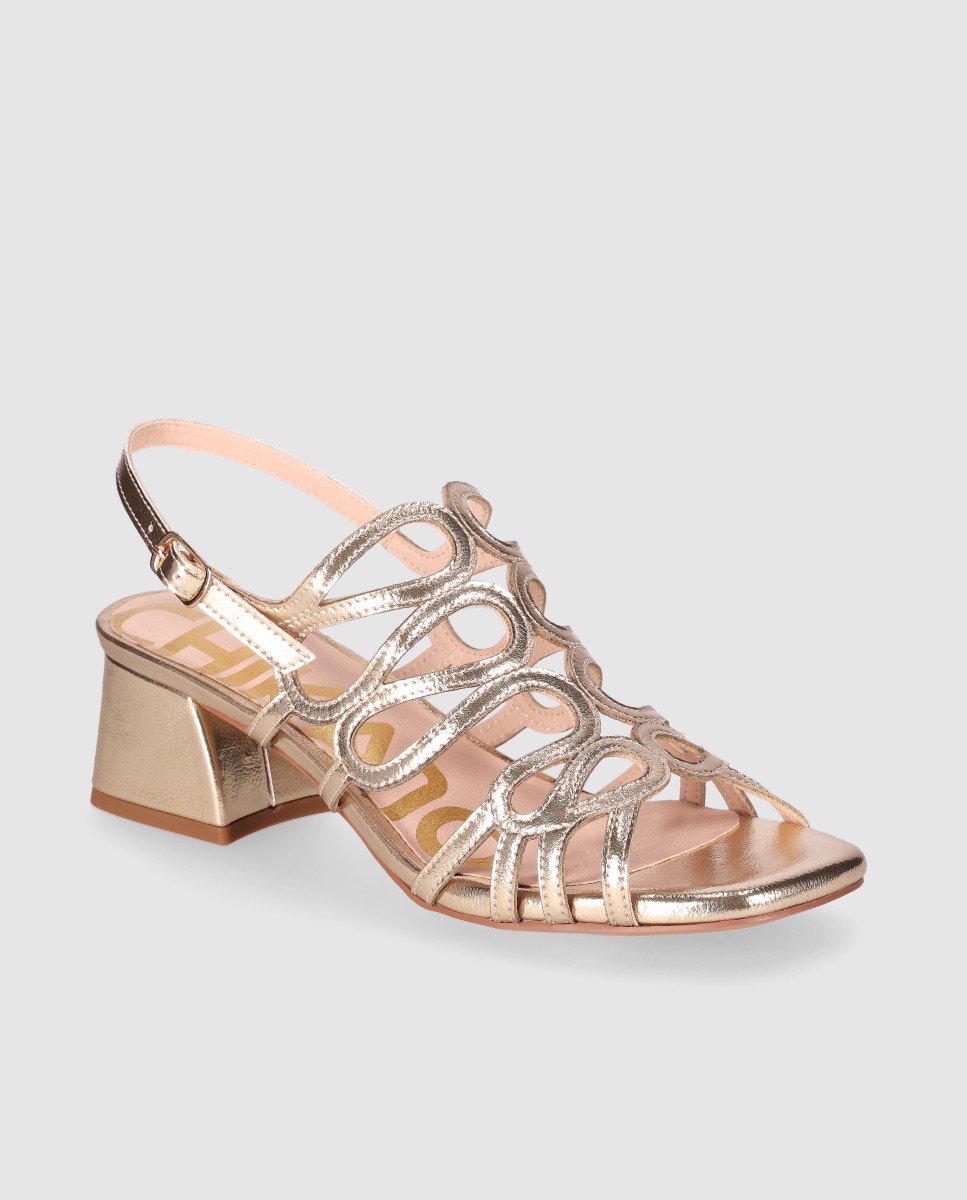 Sandalias de tacón ancho de mujer con diseño sofisticado de tiras curvas enlazadas y cierre de hebilla - Chika10 - Oro Oro-3