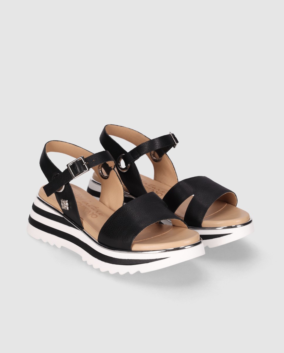 Sandalias de cuña de mujer realizadas en piel con corte asimétrico y cierre al tobillo con hebilla - Chika10 - Negro / Blanco Negro / Blanco-3
