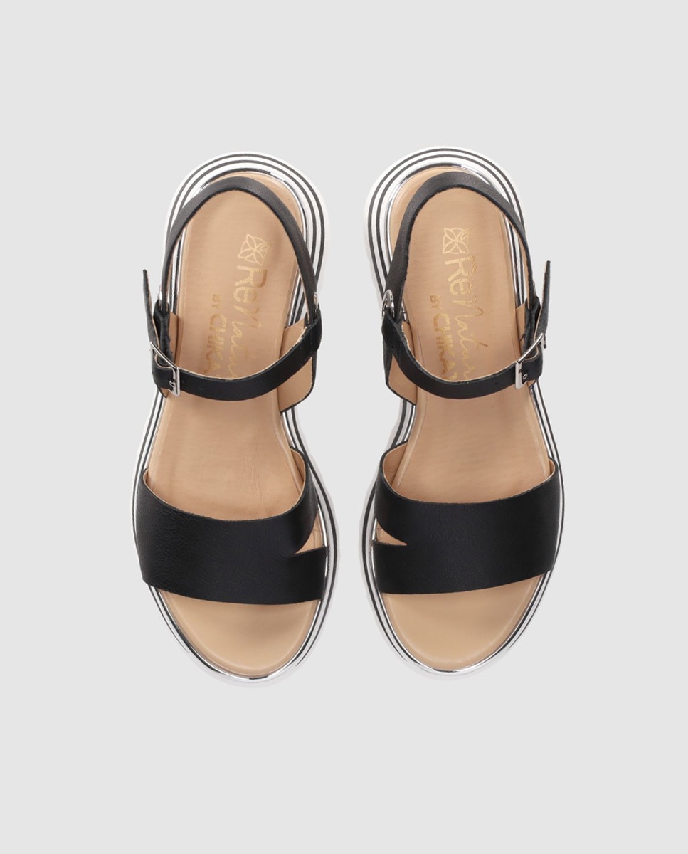 Sandalias de cuña de mujer realizadas en piel con corte asimétrico y cierre al tobillo con hebilla - Chika10 - Negro / Blanco Negro / Blanco-4