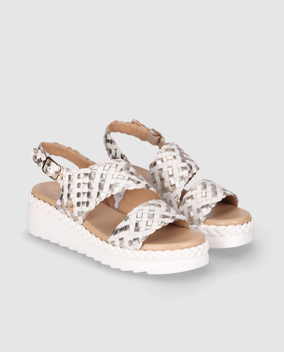 Sandalias de cuña de mujer diseñada en piel con tiras envolventes trenzadas y cierre de hebilla - Chika10 - Blanco / Plata / Rosa Blanco / Plata / Rosa-3