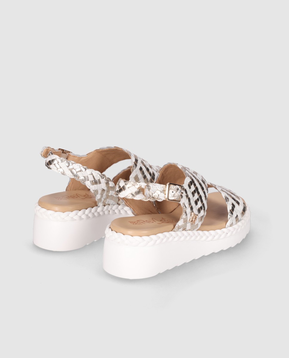 Sandalias de cuña de mujer diseñada en piel con tiras envolventes trenzadas y cierre de hebilla - Chika10 - Blanco / Plata / Rosa Blanco / Plata / Rosa-2
