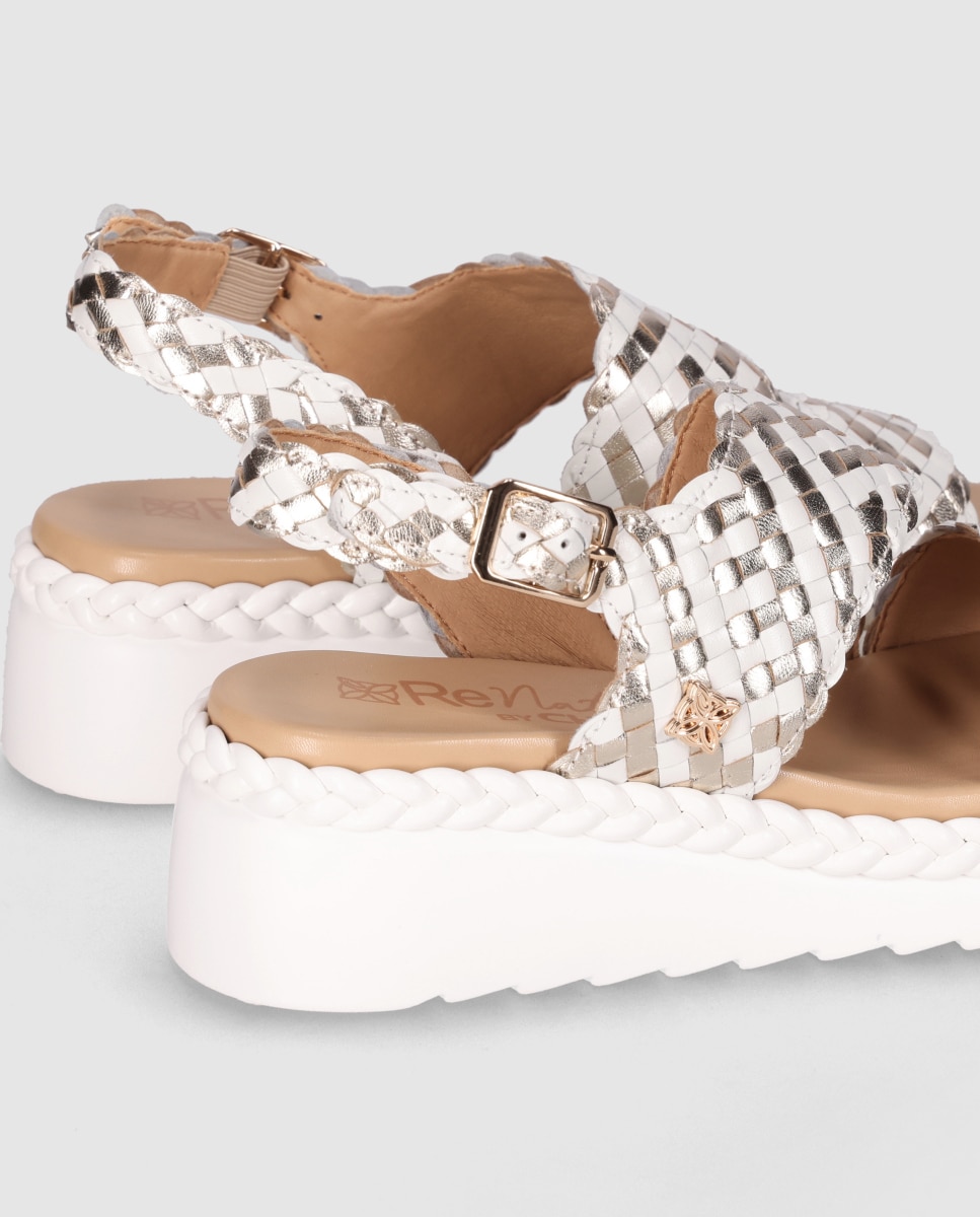 Sandalias de cuña de mujer diseñada en piel con tiras envolventes trenzadas y cierre de hebilla - Chika10 - Blanco / Plata / Rosa Blanco / Plata / Rosa-5