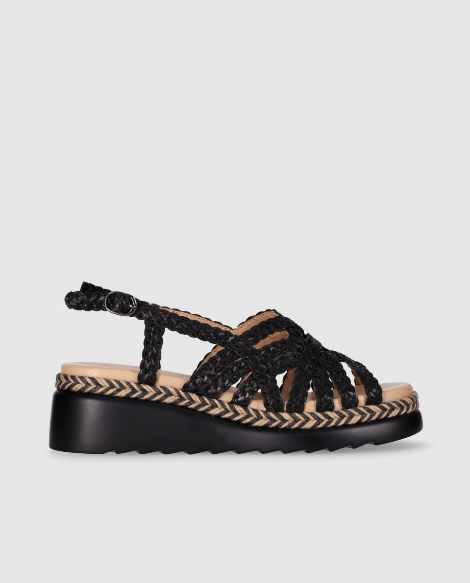 Sandalias de cuña baja de mujer en piel con cierre de hebilla y corte de tiras trenzadas - Chika10 - Negro Negro-1