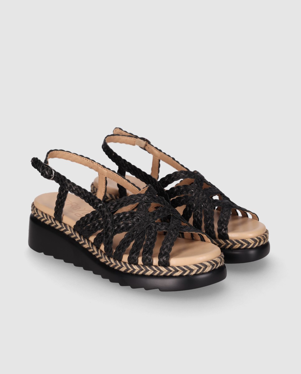 Sandalias de cuña baja de mujer en piel con cierre de hebilla y corte de tiras trenzadas - Chika10 - Negro Negro-3