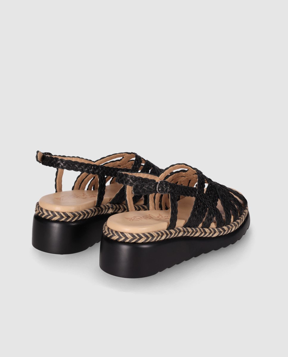 Sandalias de cuña baja de mujer en piel con cierre de hebilla y corte de tiras trenzadas - Chika10 - Negro Negro-2