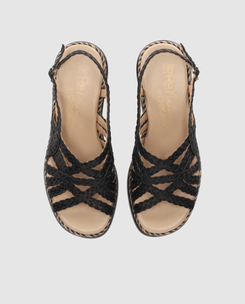 Sandalias de cuña baja de mujer en piel con cierre de hebilla y corte de tiras trenzadas - Chika10 - Negro Negro-4