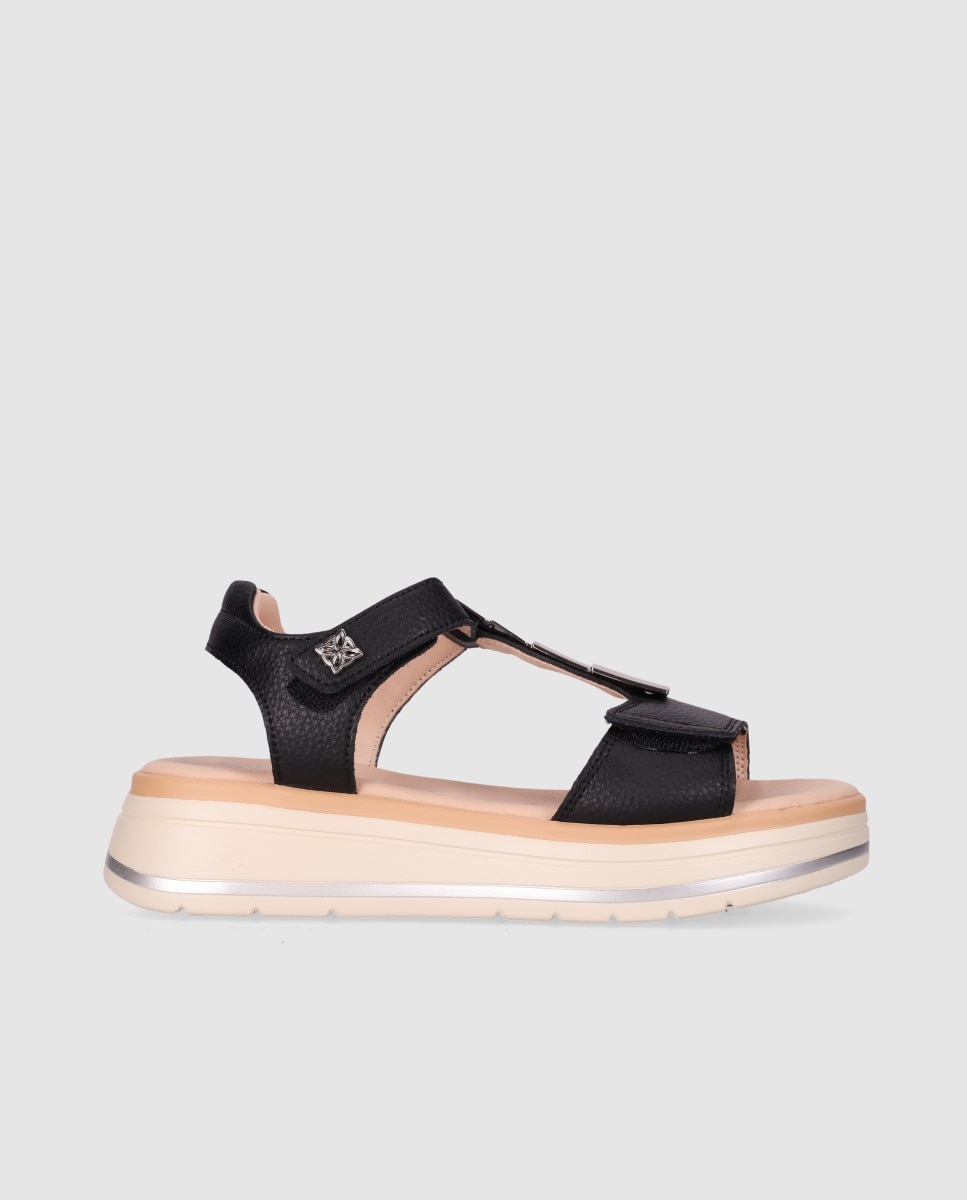 Sandalias planas de mujer en piel con cierre autoadherente y puntera redonda - Chika10 - Negro Negro-1