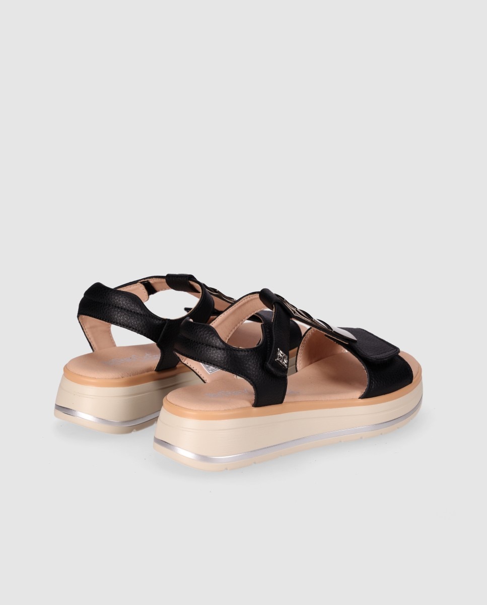 Sandalias planas de mujer en piel con cierre autoadherente y puntera redonda - Chika10 - Negro Negro-2