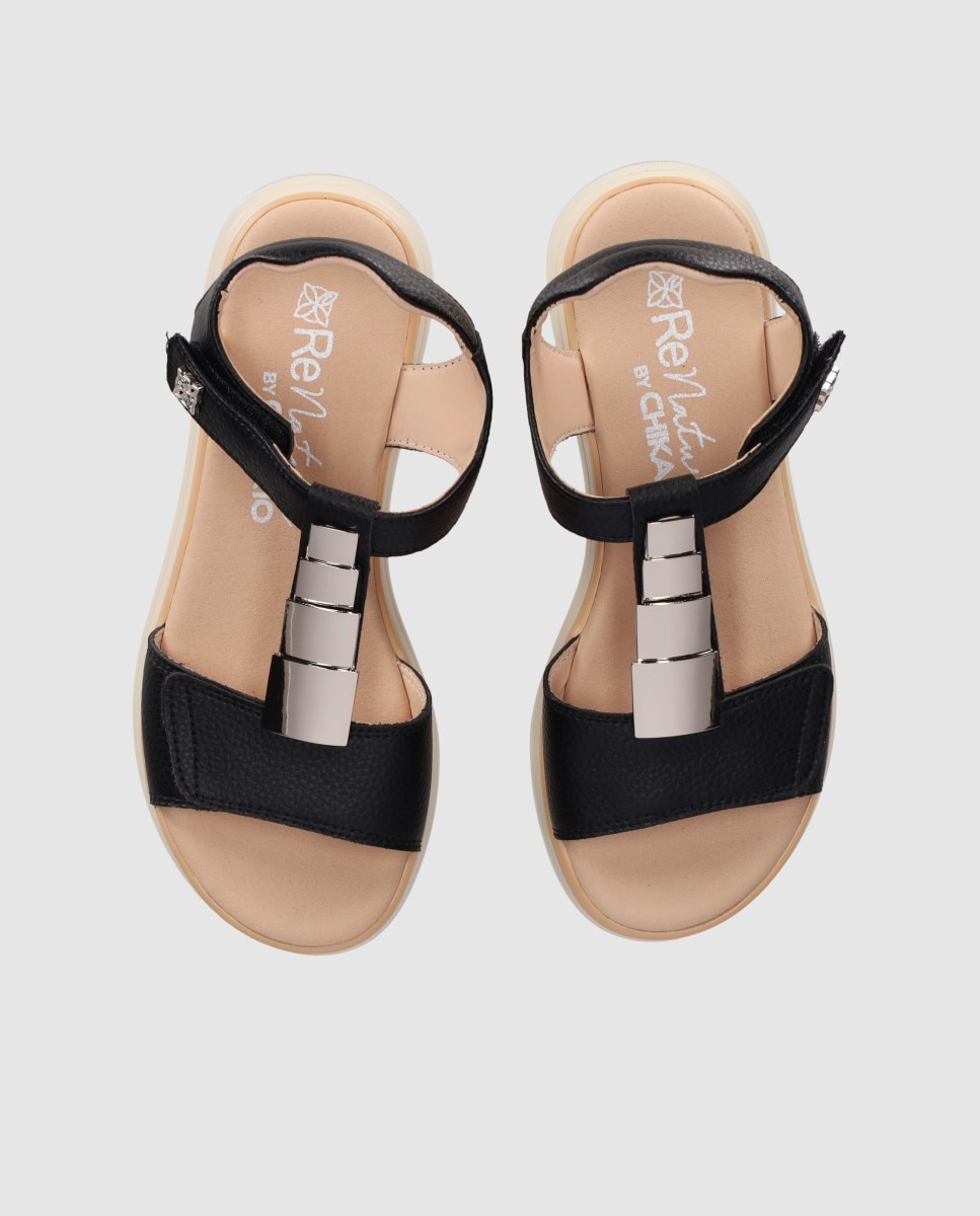Sandalias planas de mujer en piel con cierre autoadherente y puntera redonda - Chika10 - Negro Negro-4