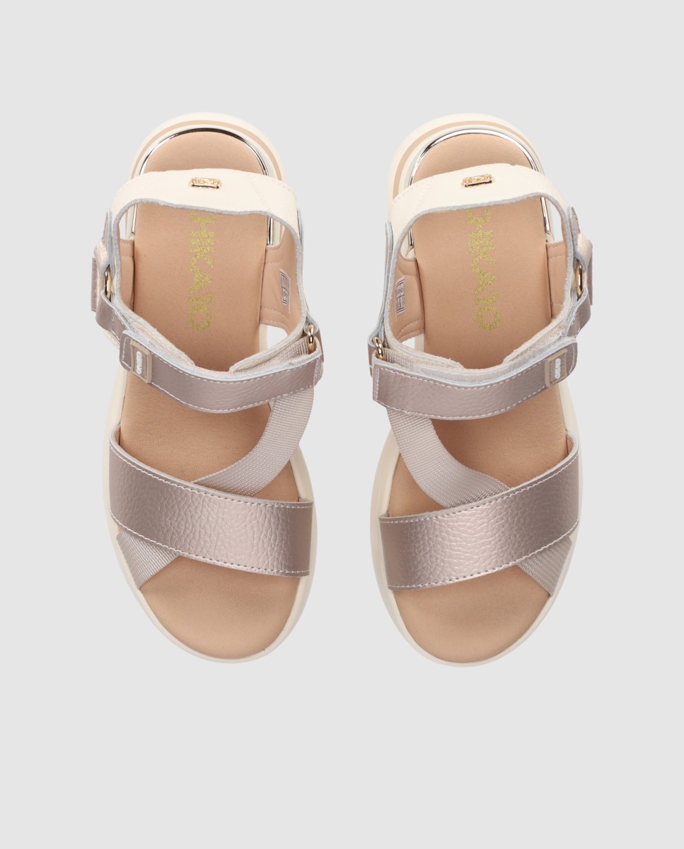Sandalias de cuña de mujer con cierre autoadherente ajustable y puntera abierta - Chika10 - Oro Oro-4