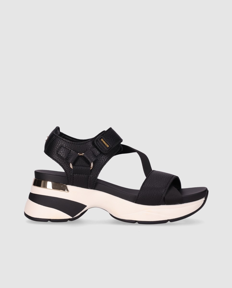 Sandalias de cuña de mujer con cierre autoadherente ajustable y puntera abierta - Chika10 - Negro / Cromo Negro / Cromo-1
