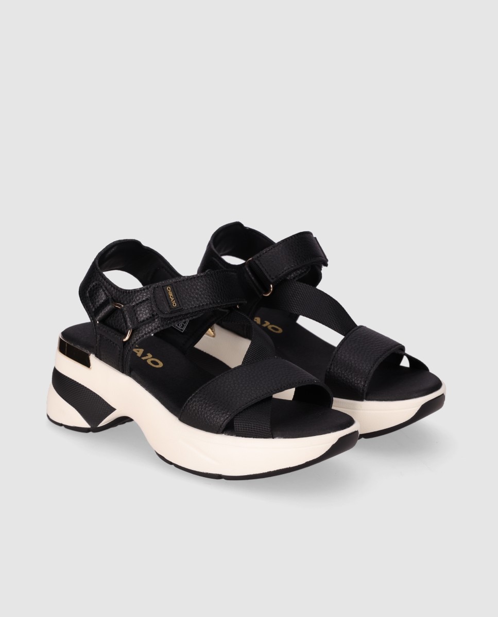 Sandalias de cuña de mujer con cierre autoadherente ajustable y puntera abierta - Chika10 - Negro / Cromo Negro / Cromo-3