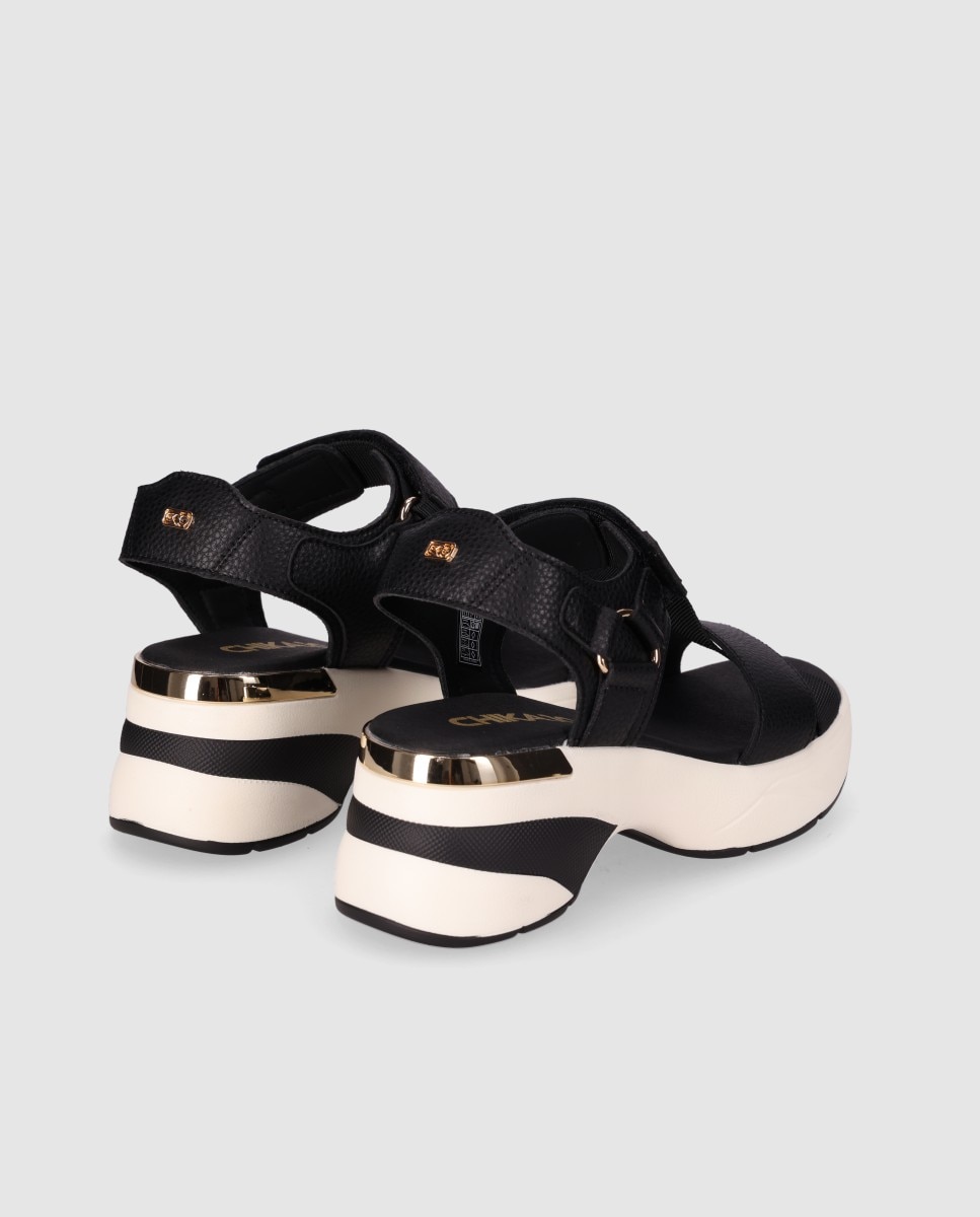 Sandalias de cuña de mujer con cierre autoadherente ajustable y puntera abierta - Chika10 - Negro / Cromo Negro / Cromo-2