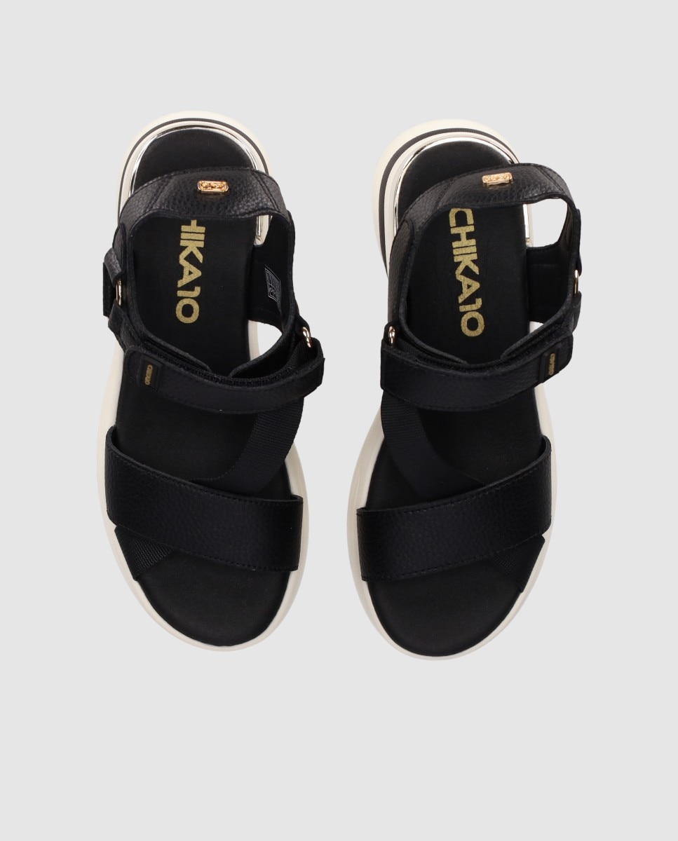 Sandalias de cuña de mujer con cierre autoadherente ajustable y puntera abierta - Chika10 - Negro / Cromo Negro / Cromo-4