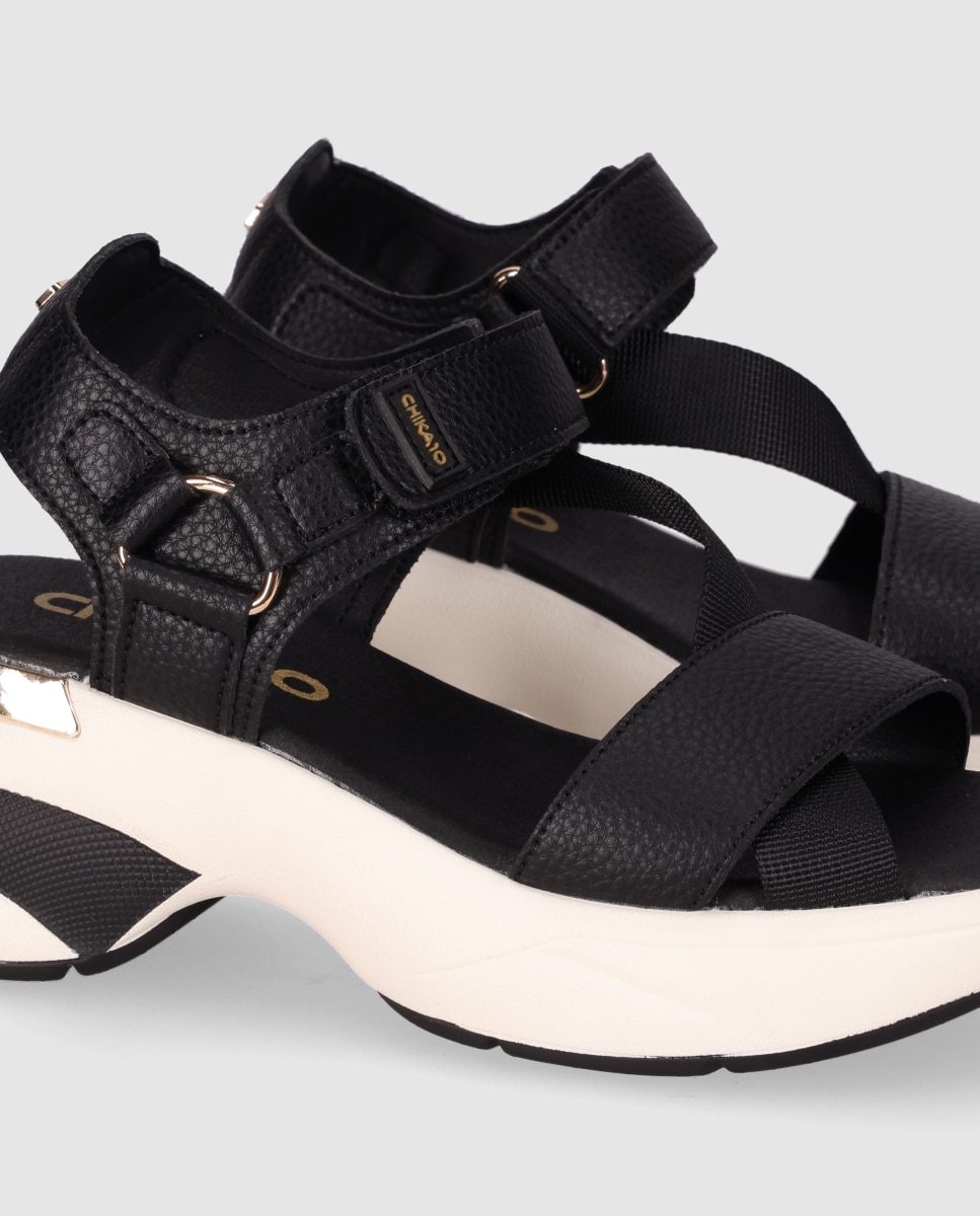 Sandalias de cuña de mujer con cierre autoadherente ajustable y puntera abierta - Chika10 - Negro / Cromo Negro / Cromo-5