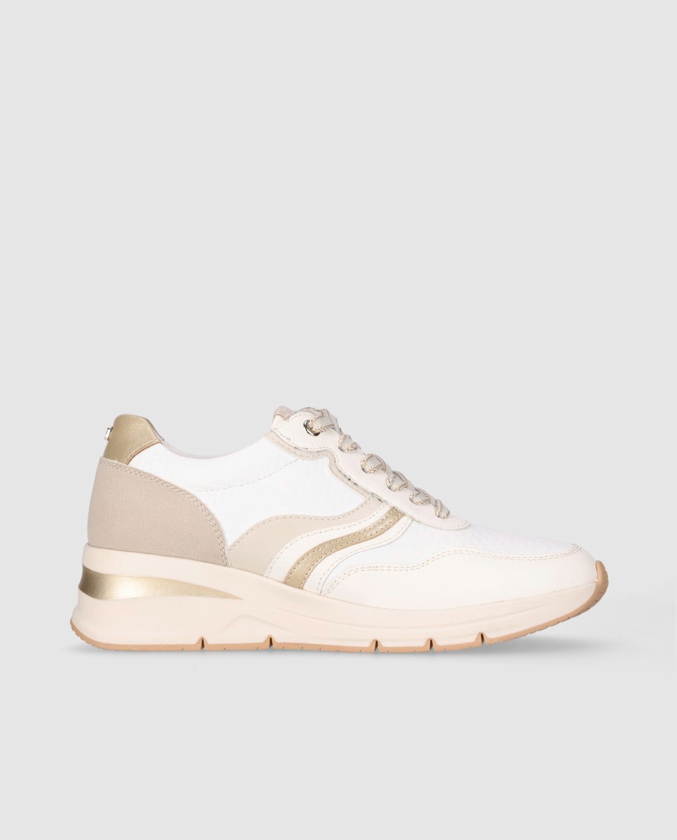 Zapatillas con cuña baja de mujer con cierre de cordones y puntera redonda - Chika10 - Beige / Blanco Beige / Blanco-1