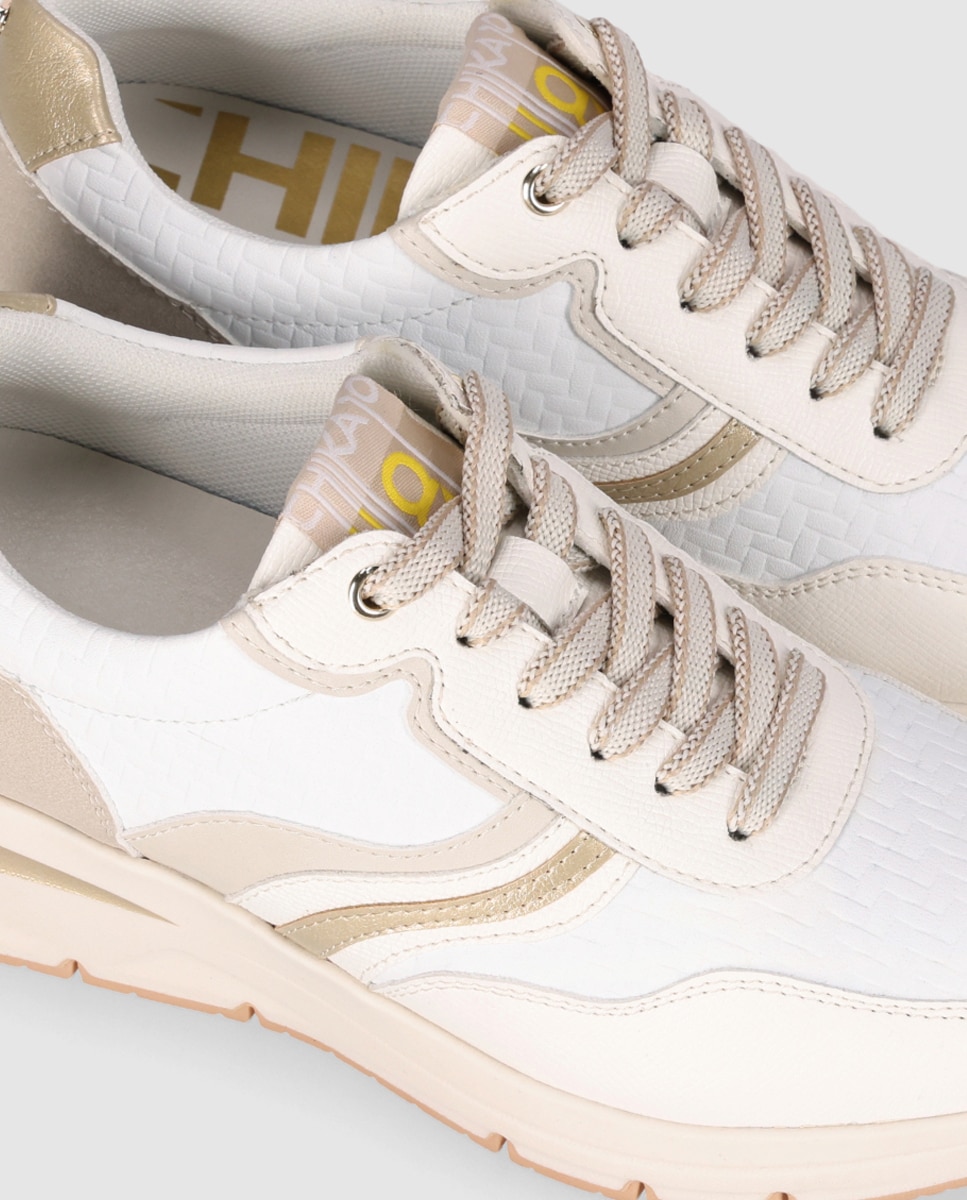 Zapatillas con cuña baja de mujer con cierre de cordones y puntera redonda - Chika10 - Beige / Blanco Beige / Blanco-5
