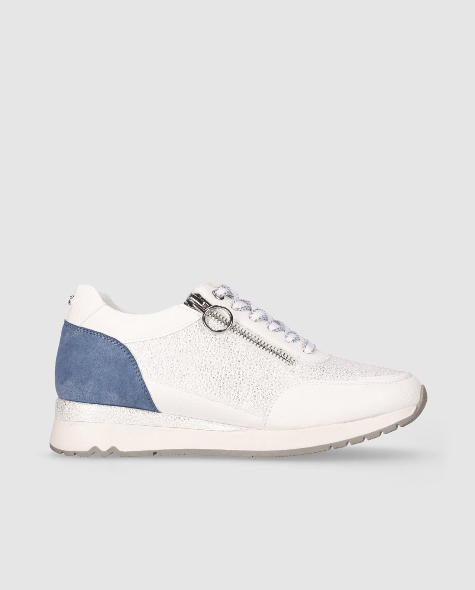 Imagen 0 de Zapatillas de cuña de mujer con mezcla de texturas y cierre acordonado Blanco / Azul