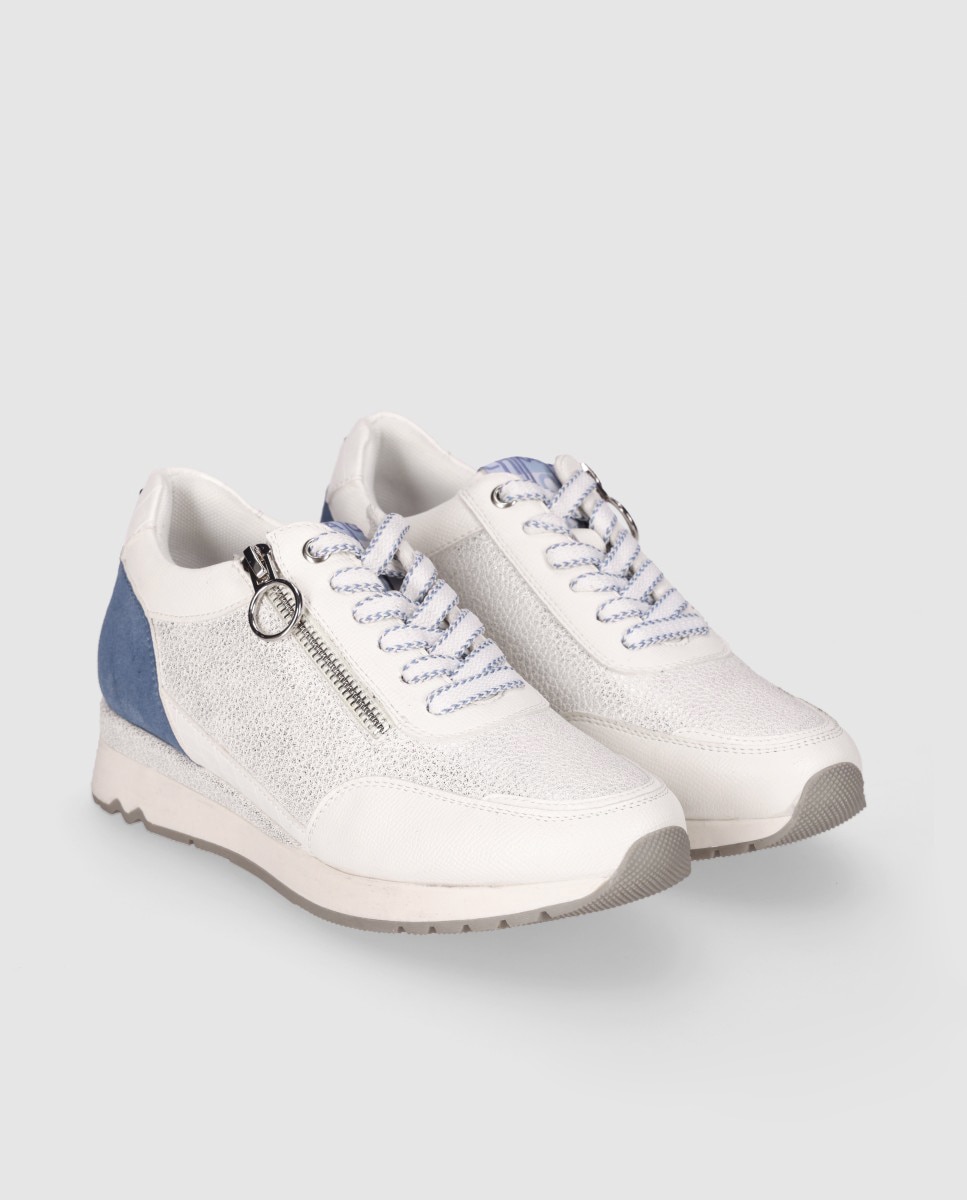 Zapatillas de cuña de mujer con mezcla de texturas y cierre acordonado - Chika10 - Blanco / Azul Blanco / Azul-2