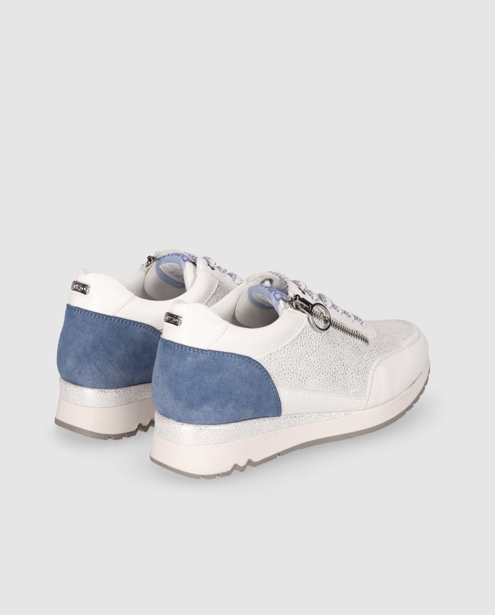 Zapatillas de cuña de mujer con mezcla de texturas y cierre acordonado - Chika10 - Blanco / Azul Blanco / Azul-3