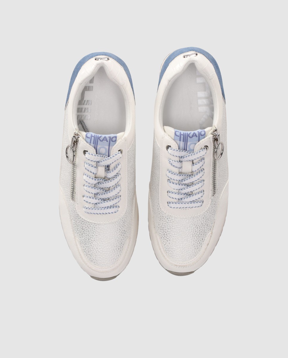 Zapatillas de cuña de mujer con mezcla de texturas y cierre acordonado - Chika10 - Blanco / Azul Blanco / Azul-4