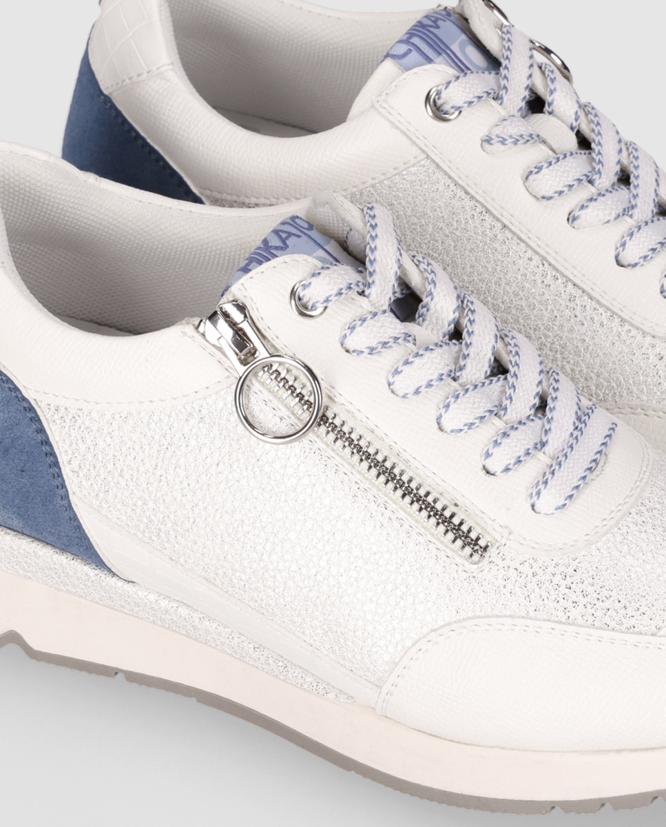 Zapatillas de cuña de mujer con mezcla de texturas y cierre acordonado - Chika10 - Blanco / Azul Blanco / Azul-5
