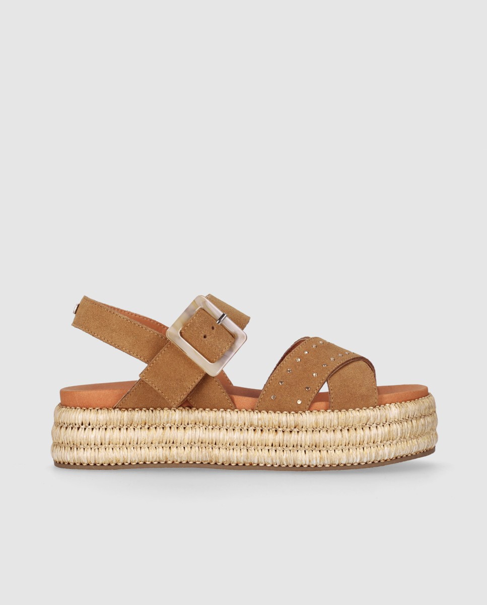 Sandalias planas de mujer en piel con piso de yute y palas de tiras anchas cruzadas - Chika10 - Marrón claro Marrón claro-1